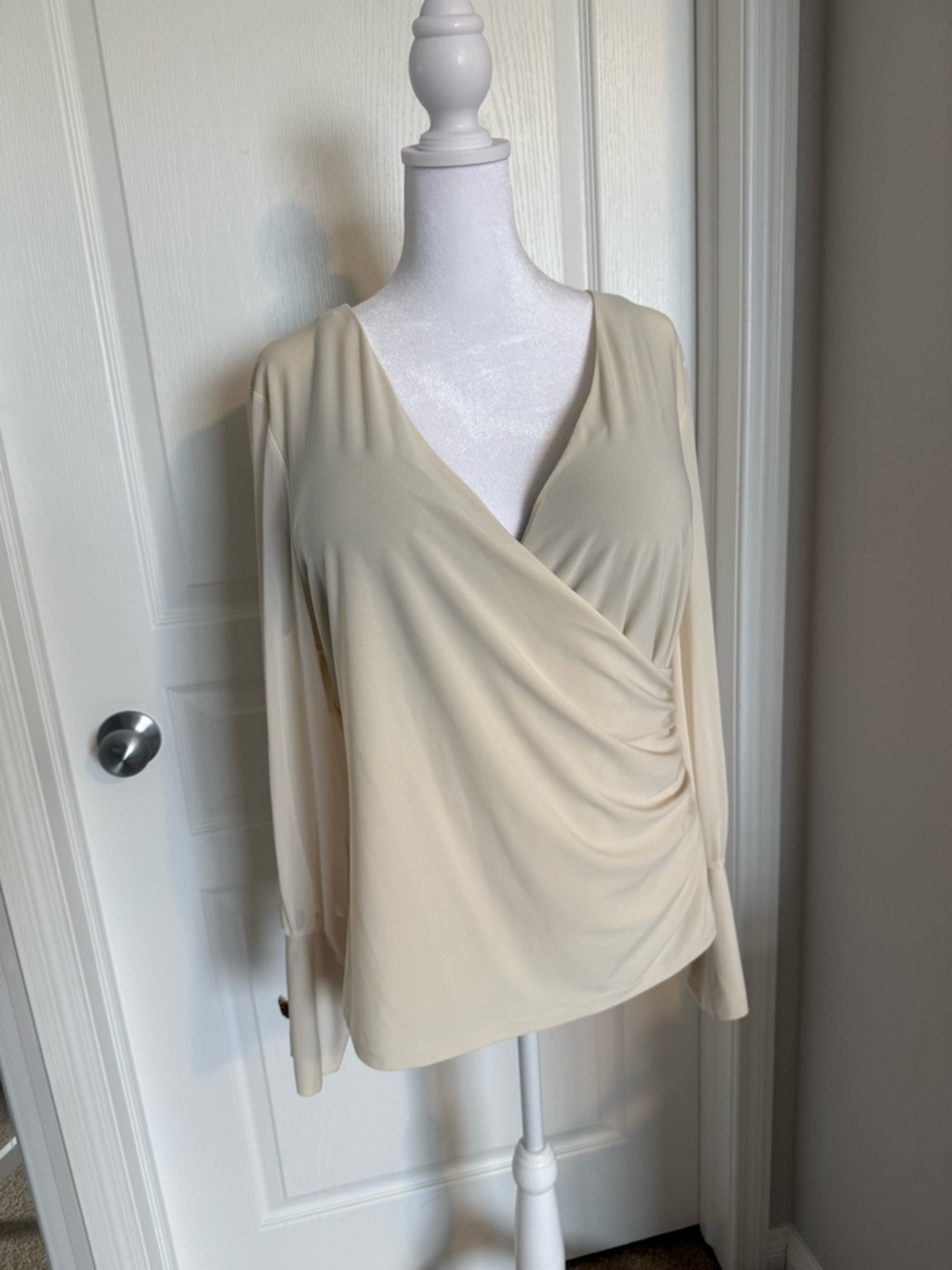 Women's Cream Faux-Wrap V-Neck Blouse